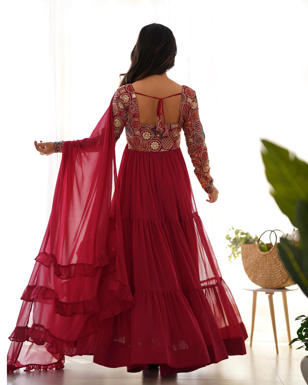 Red Silk Embroidered Anarkali Kurta Set With Dupatta For Women