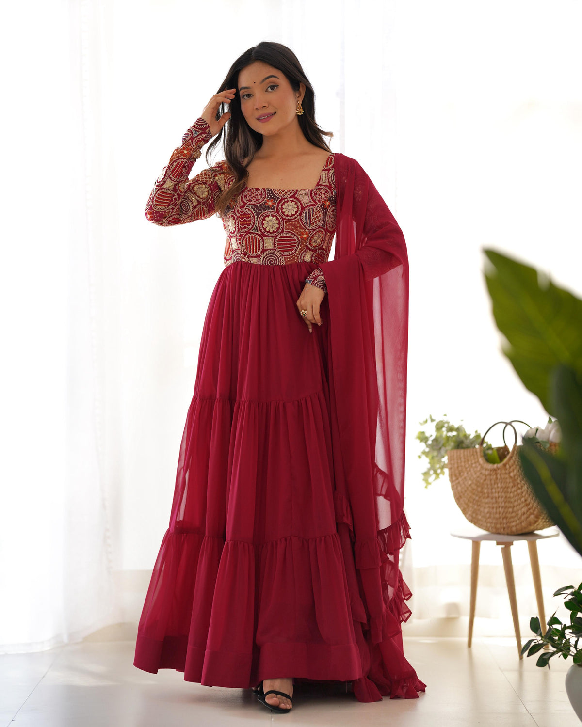 Red Silk Embroidered Anarkali Kurta Set With Dupatta For Women