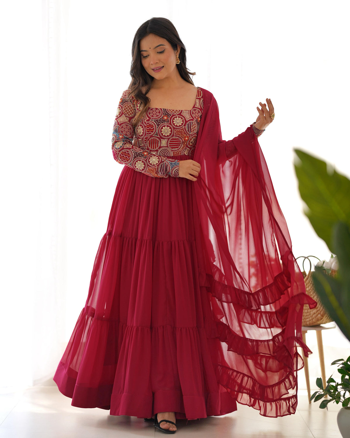 Red Silk Embroidered Anarkali Kurta Set With Dupatta For Women