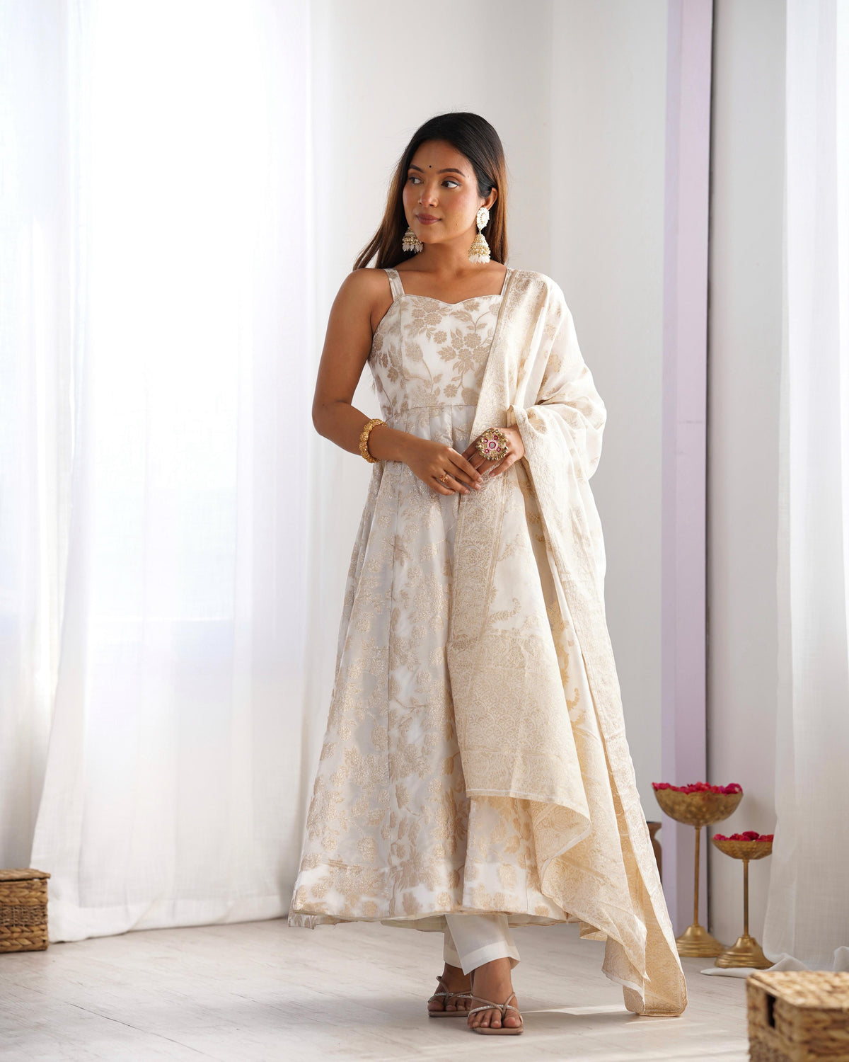 Off White Silk Embroidered Anarkali Kurta Set With Dupatta For Women
