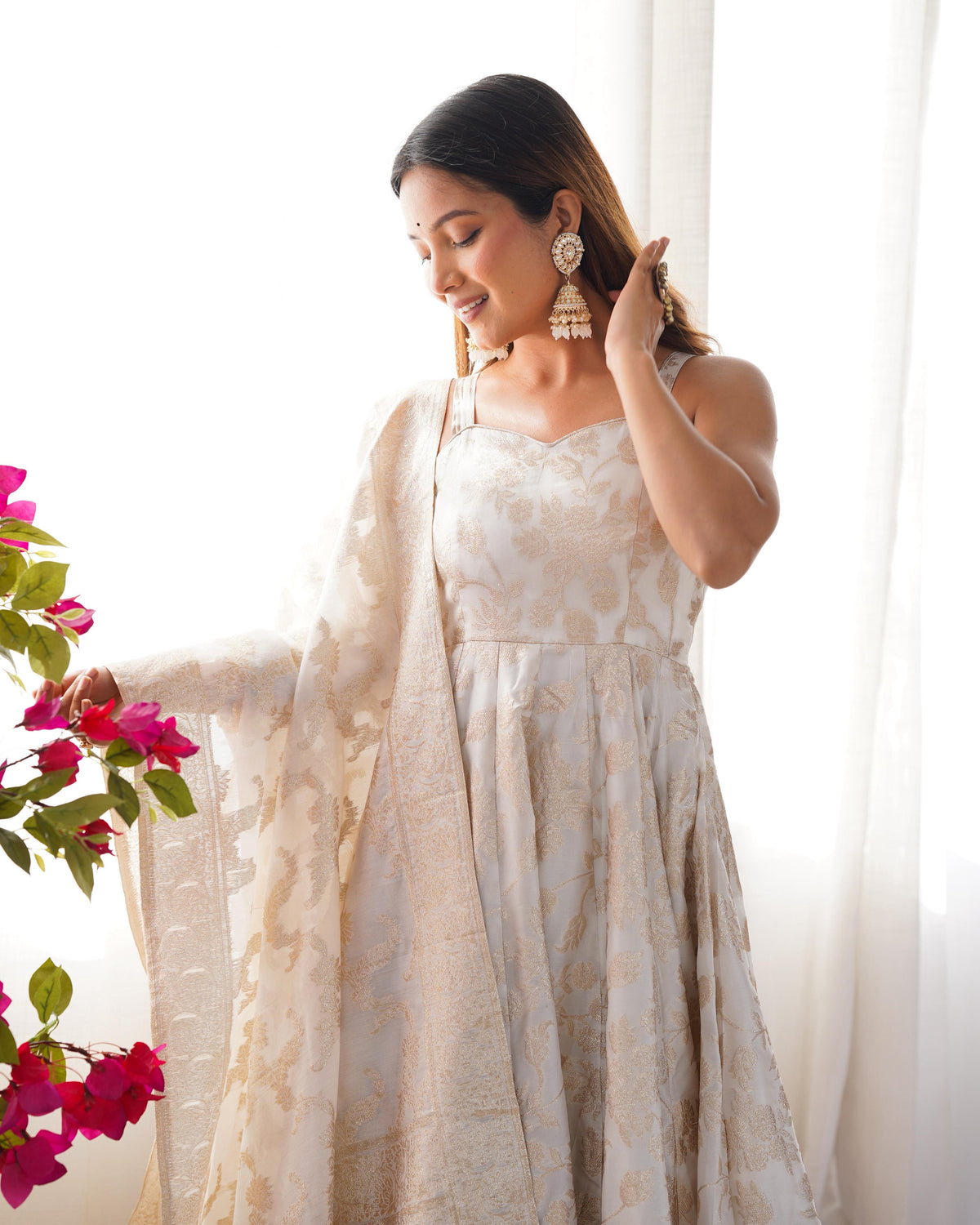 Off White Silk Embroidered Anarkali Kurta Set With Dupatta For Women