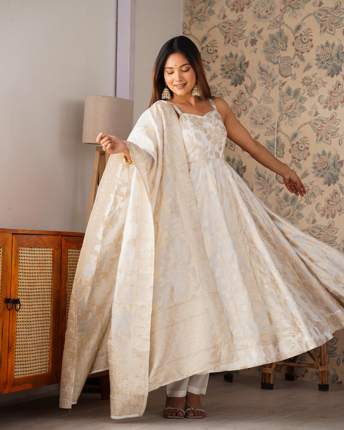 Off White Silk Embroidered Anarkali Kurta Set With Dupatta For Women