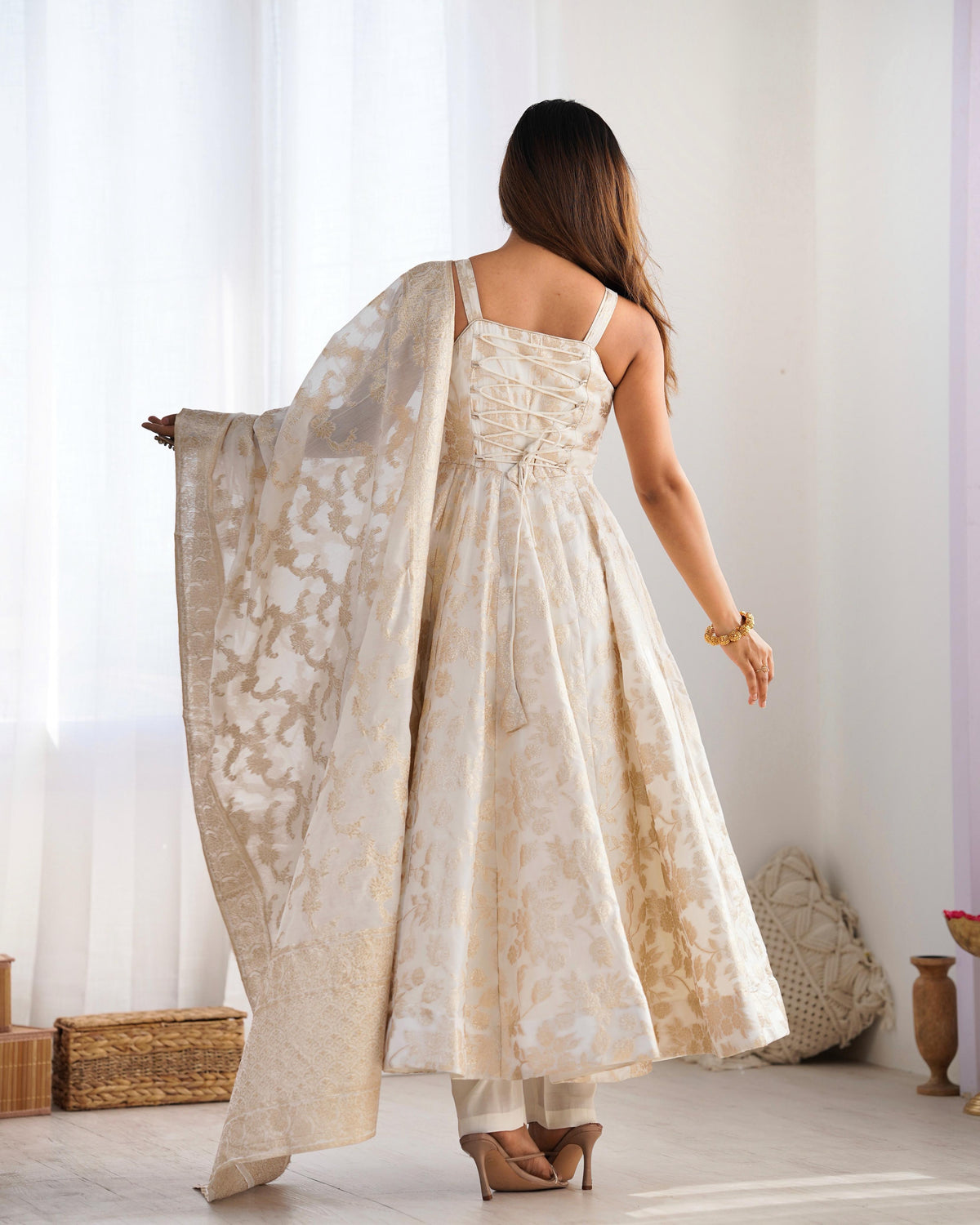 Off White Silk Embroidered Anarkali Kurta Set With Dupatta For Women