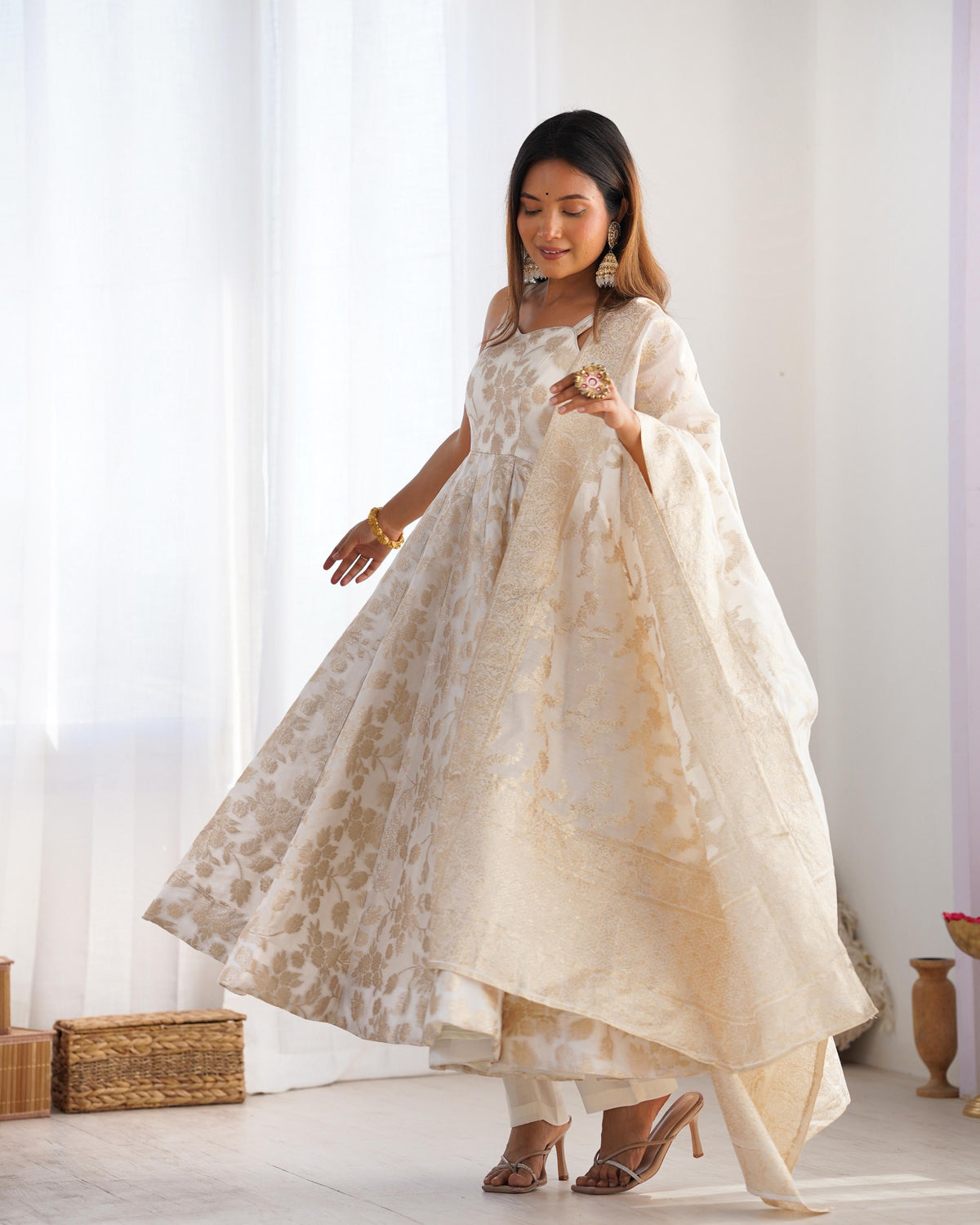 Off White Silk Embroidered Anarkali Kurta Set With Dupatta For Women