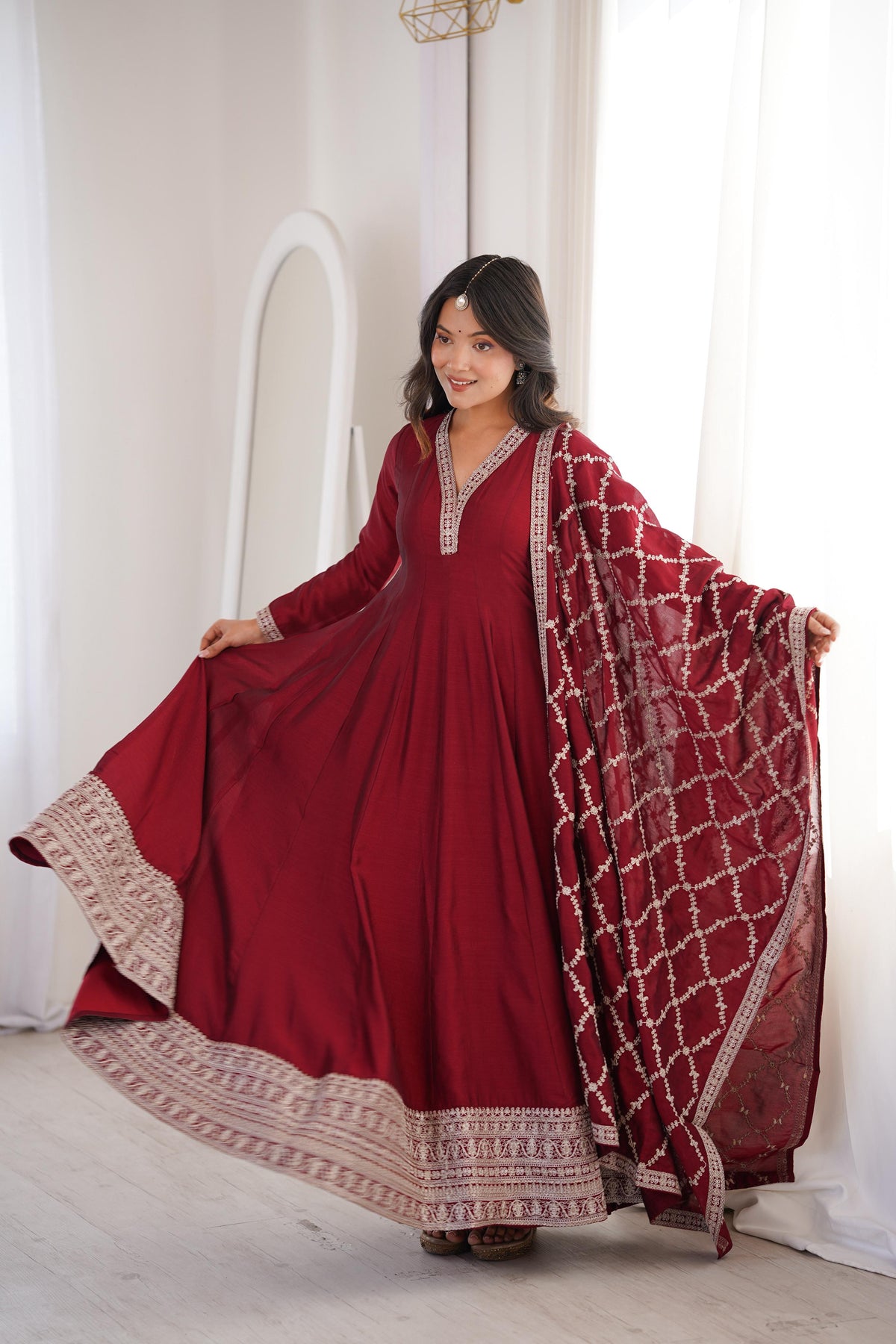 Maroon Silk Embroidered Anarkali Kurta Set With Dupatta For Women