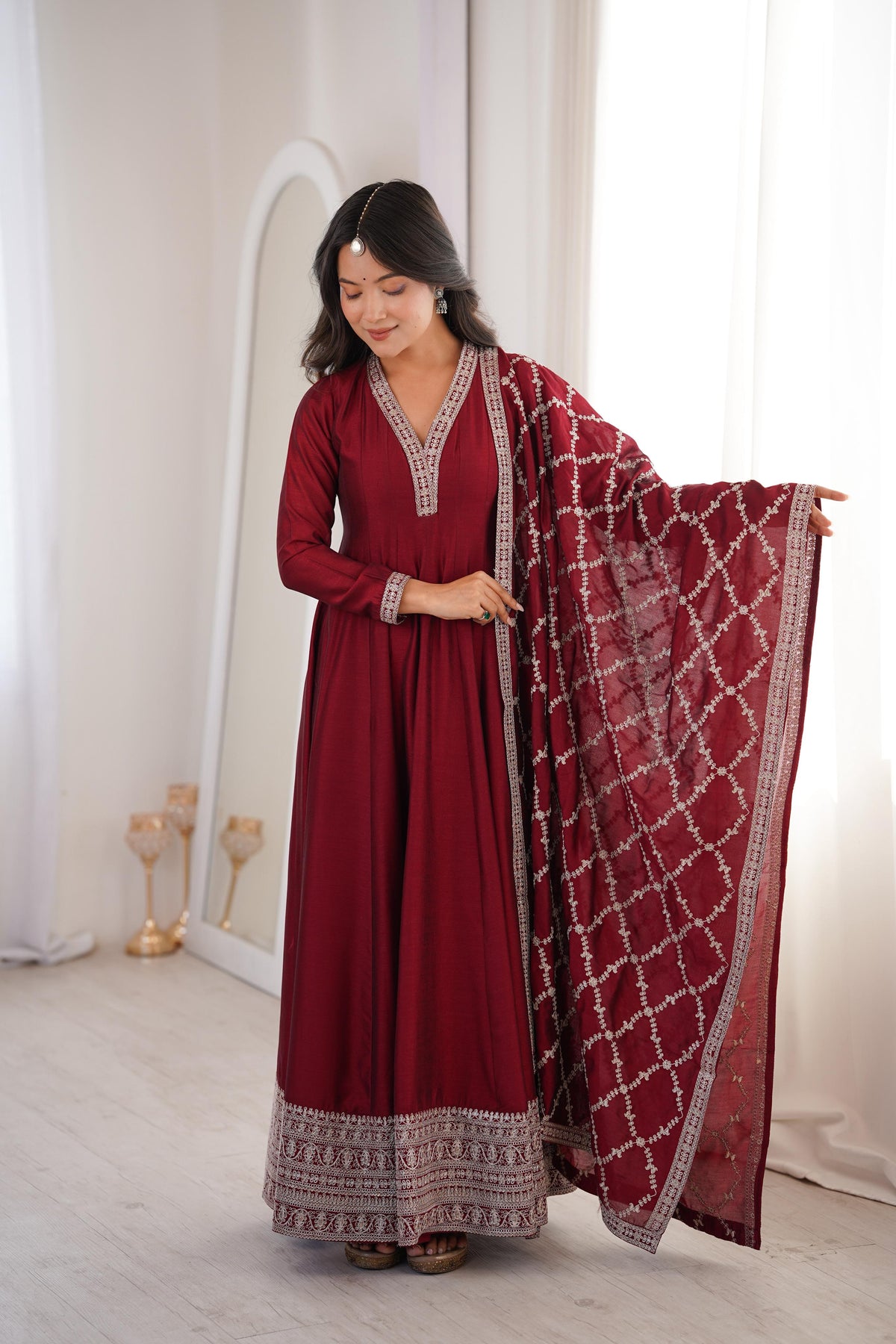 Maroon Silk Embroidered Anarkali Kurta Set With Dupatta For Women