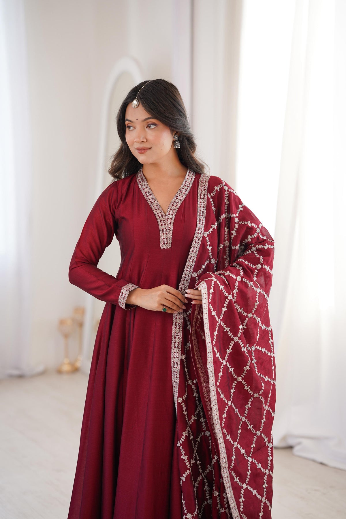 Maroon Silk Embroidered Anarkali Kurta Set With Dupatta For Women
