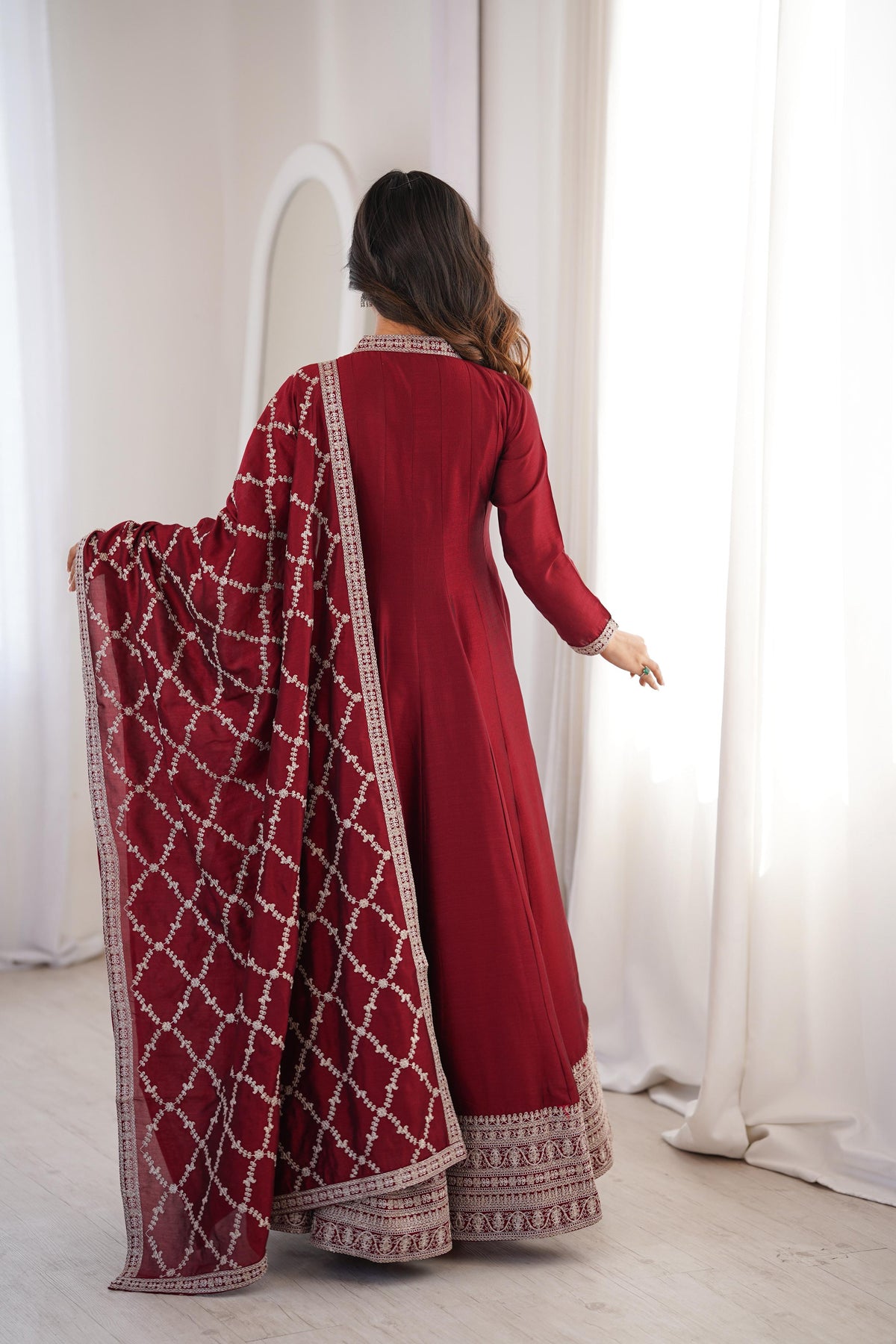 Maroon Silk Embroidered Anarkali Kurta Set With Dupatta For Women