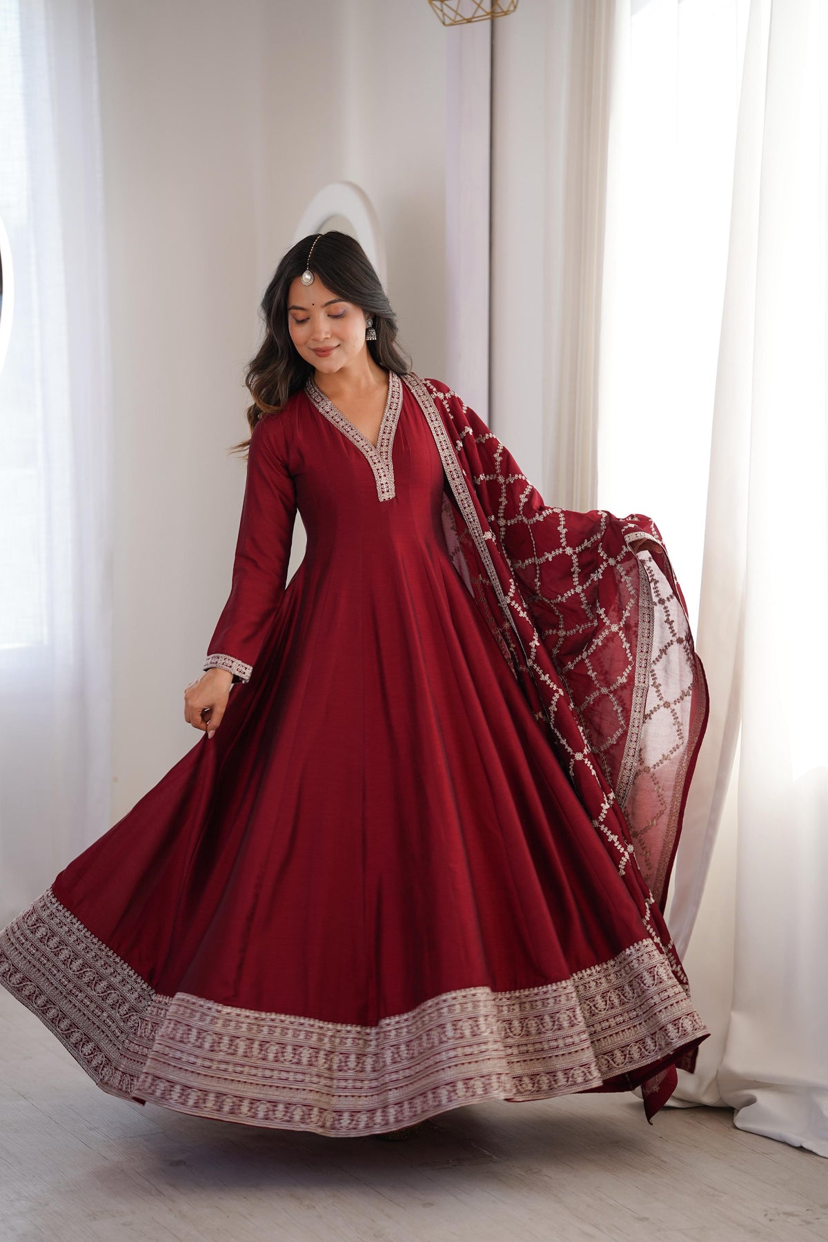 Maroon Silk Embroidered Anarkali Kurta Set With Dupatta For Women