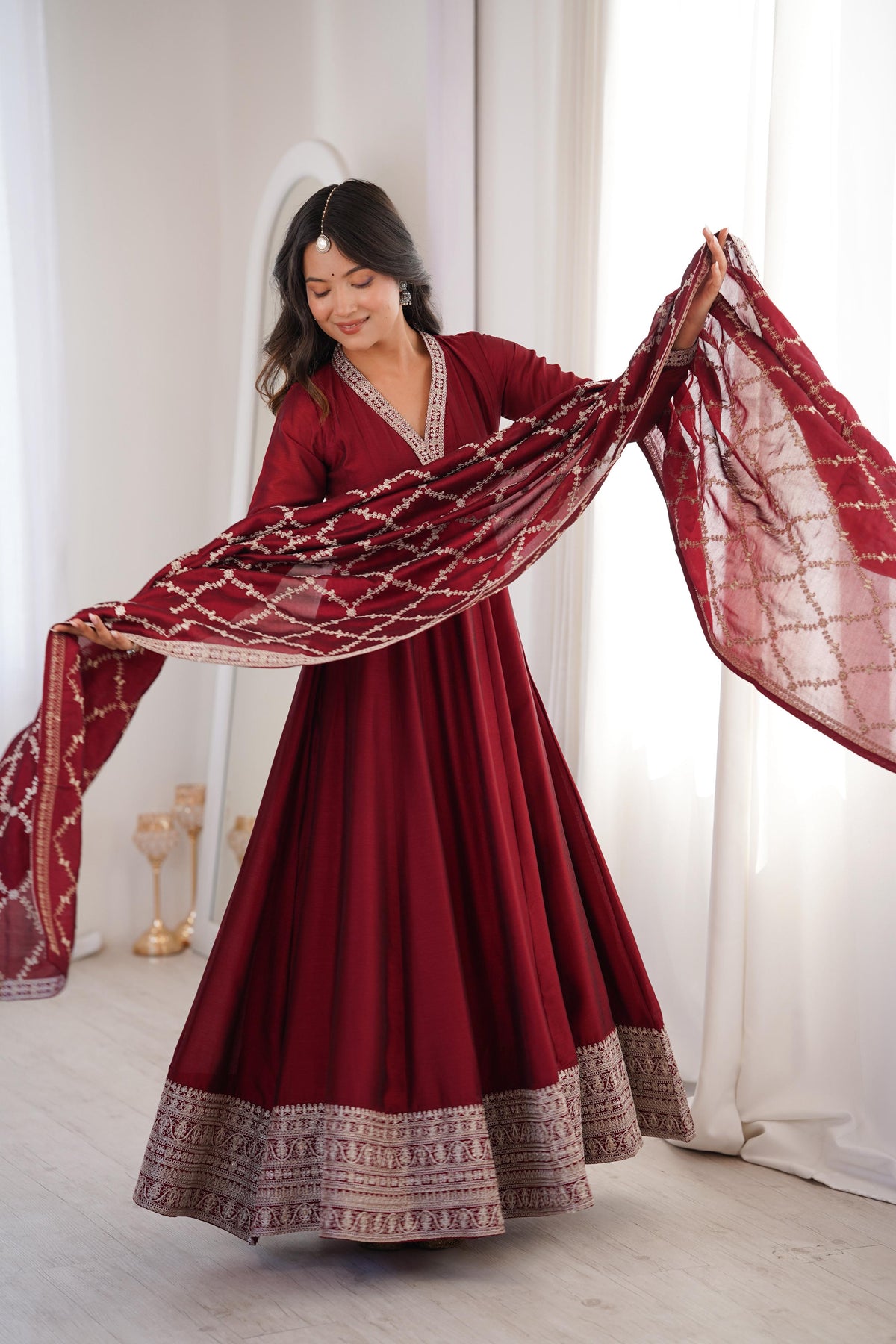 Maroon Silk Embroidered Anarkali Kurta Set With Dupatta For Women