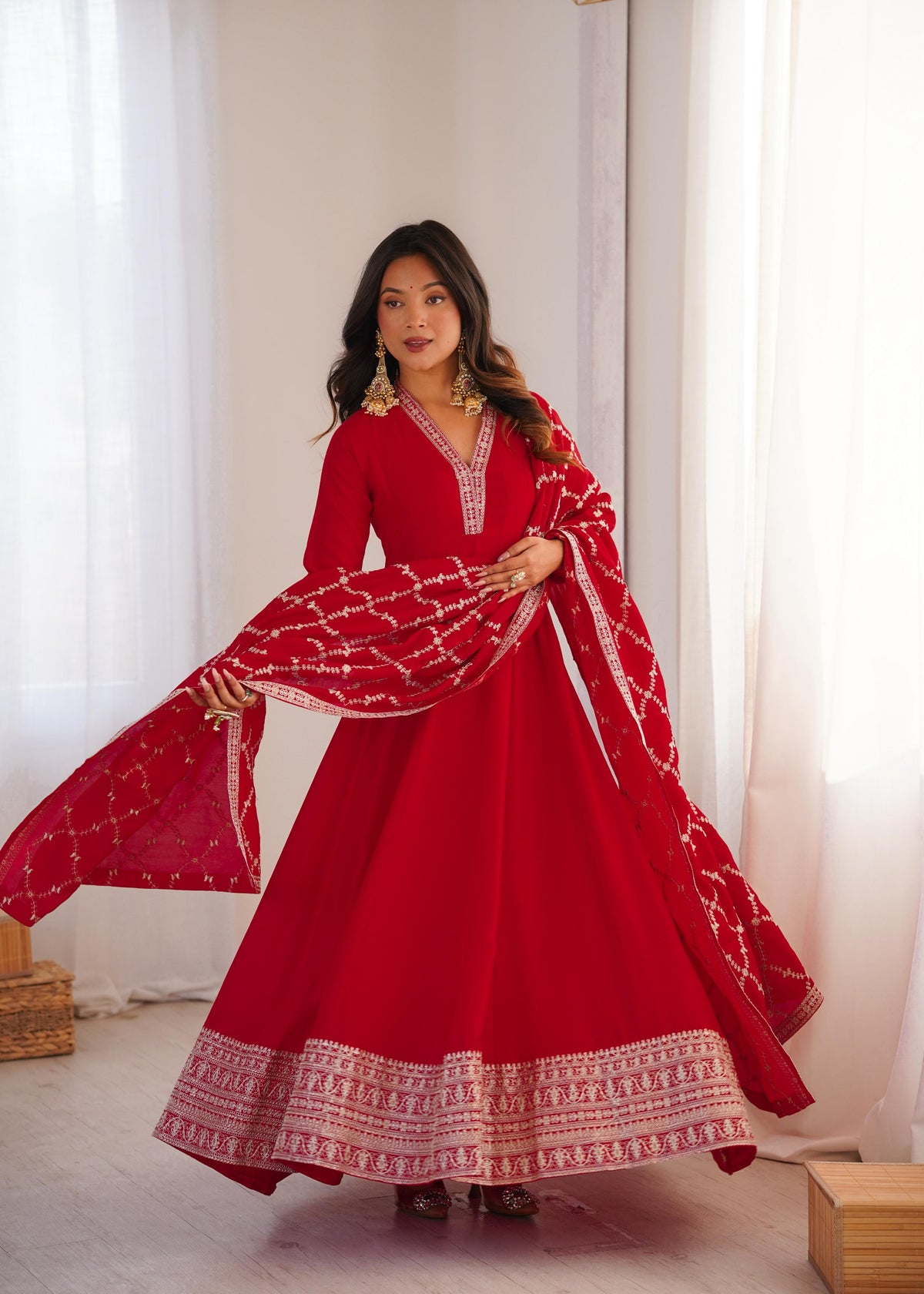 Red Silk Embroidered Anarkali Kurta Set With Dupatta For Women