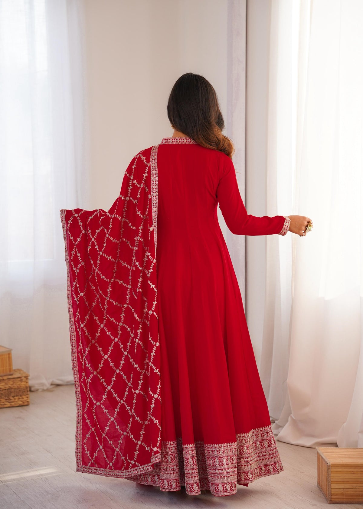 Red Silk Embroidered Anarkali Kurta Set With Dupatta For Women