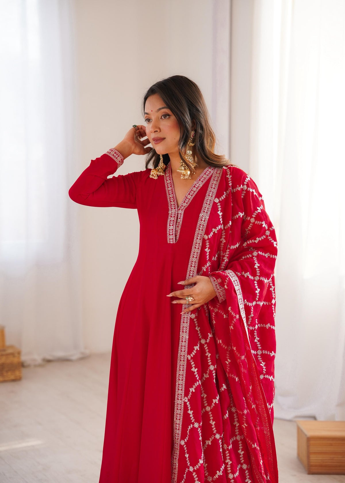 Red Silk Embroidered Anarkali Kurta Set With Dupatta For Women
