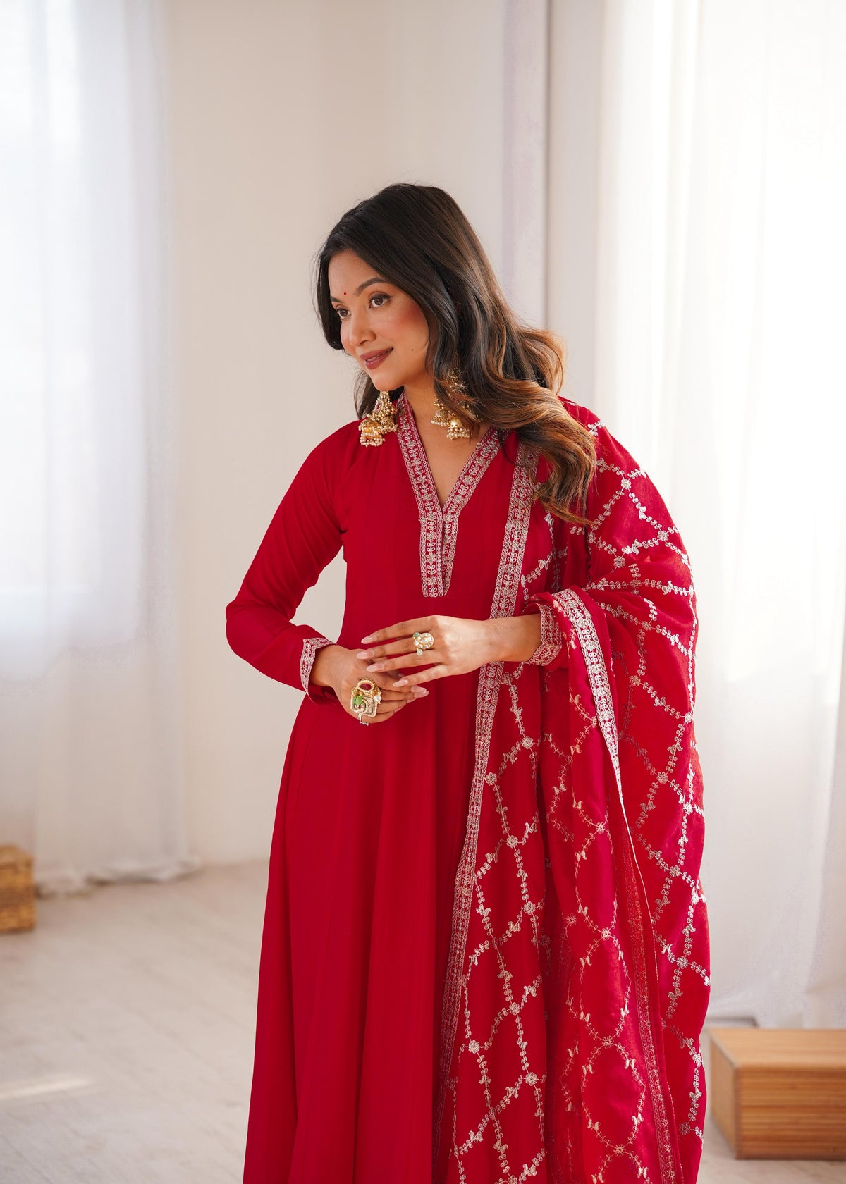 Red Silk Embroidered Anarkali Kurta Set With Dupatta For Women