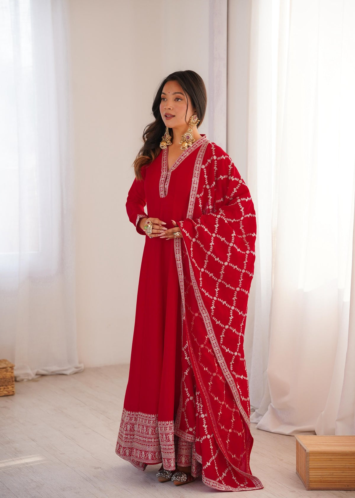 Red Silk Embroidered Anarkali Kurta Set With Dupatta For Women