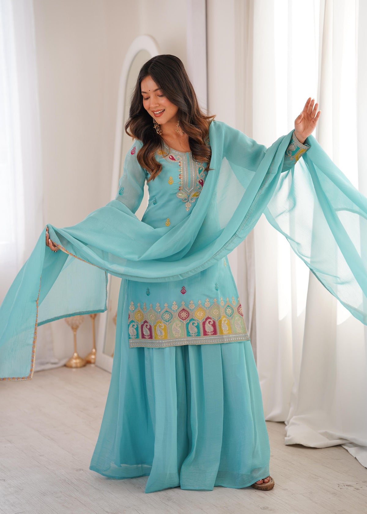 Sky Silk Embroidered Peplum Sharara Set With Dupatta For Women