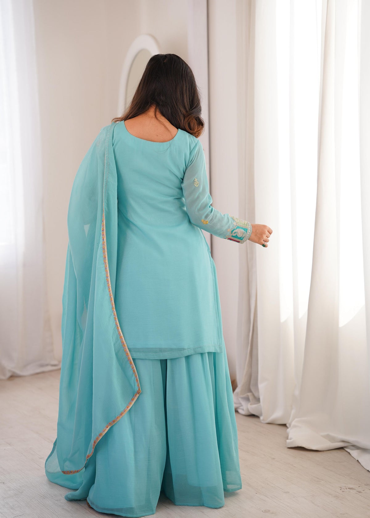 Sky Silk Embroidered Peplum Sharara Set With Dupatta For Women