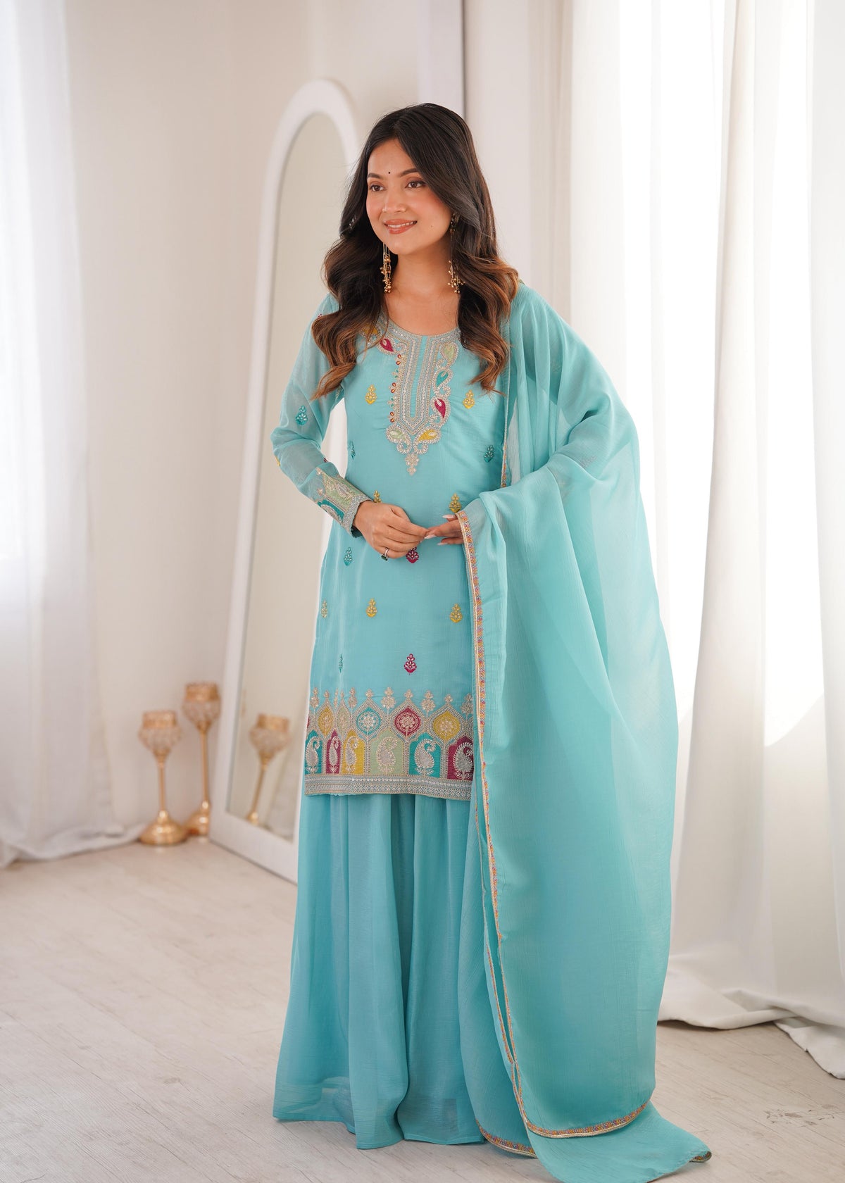 Sky Silk Embroidered Peplum Sharara Set With Dupatta For Women