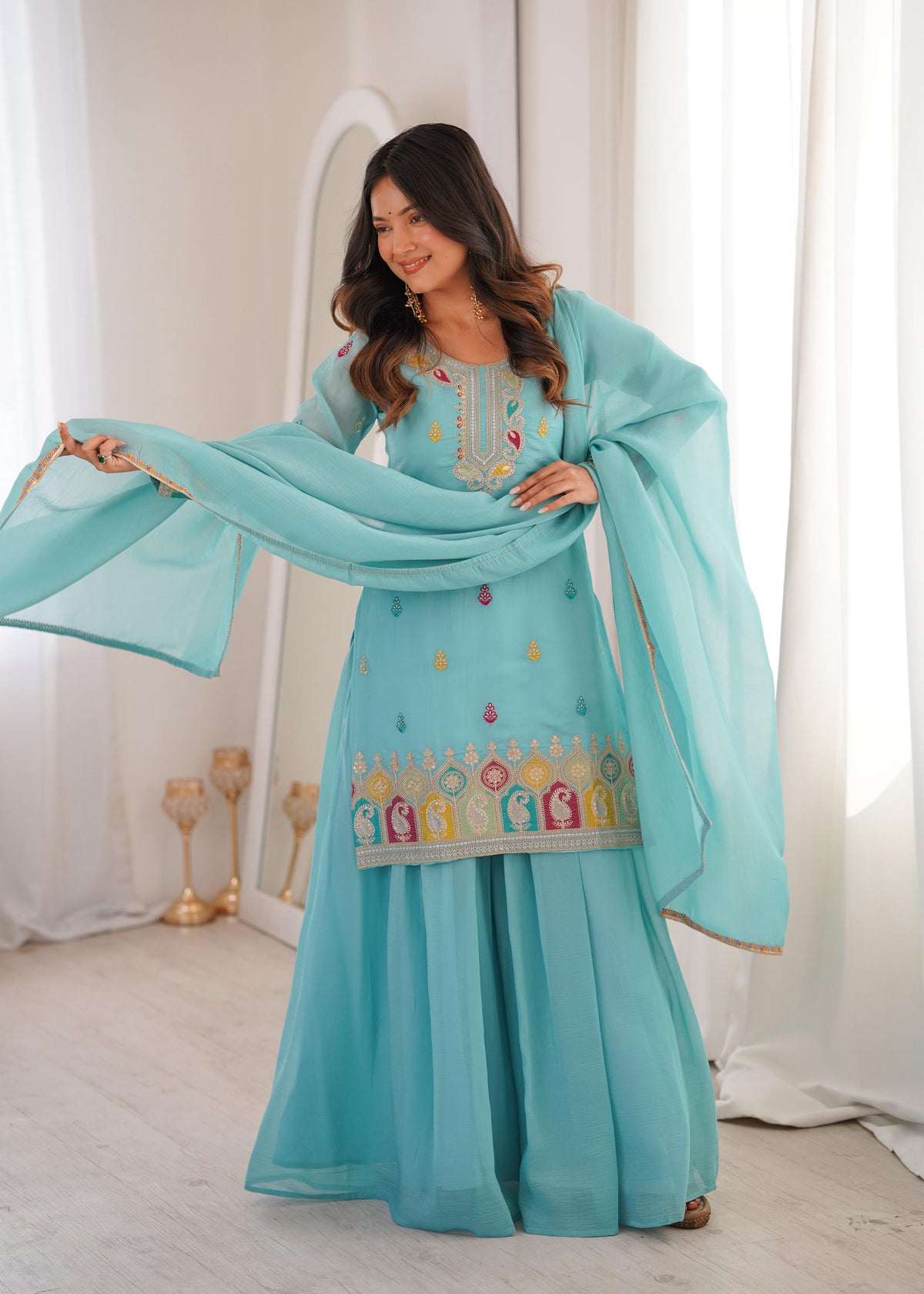Sky Silk Embroidered Peplum Sharara Set With Dupatta For Women
