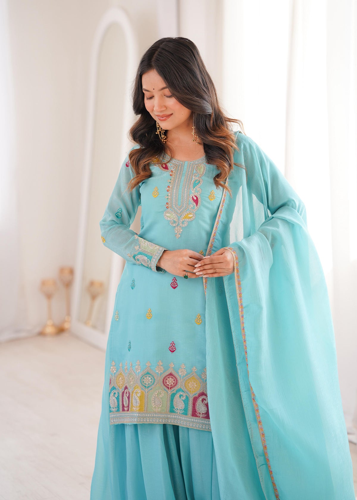 Sky Silk Embroidered Peplum Sharara Set With Dupatta For Women