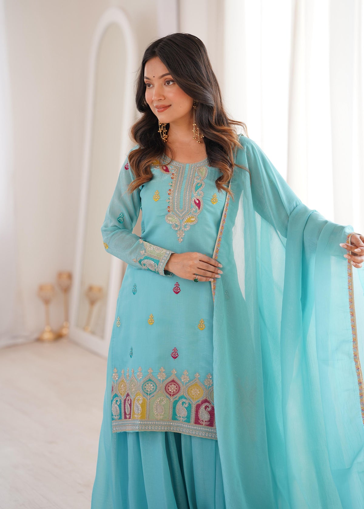 Sky Silk Embroidered Peplum Sharara Set With Dupatta For Women