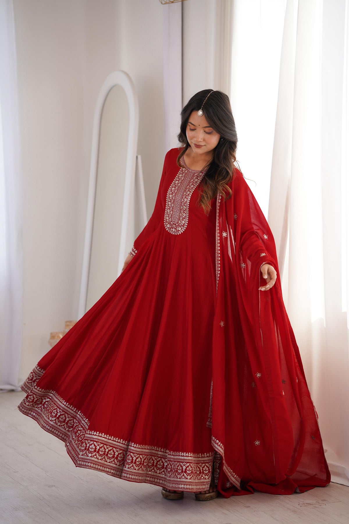 Dark Maroon Silk Embroidered Anarkali Kurta Set With Dupatta For Women