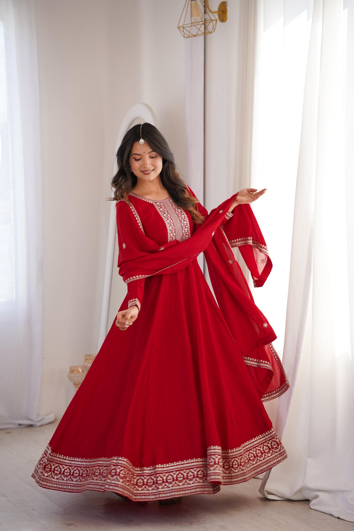 Dark Maroon Silk Embroidered Anarkali Kurta Set With Dupatta For Women