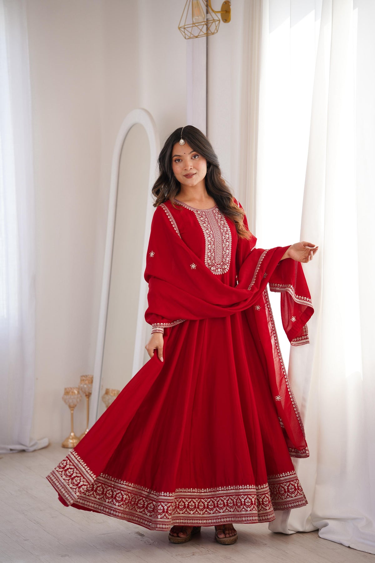 Dark Maroon Silk Embroidered Anarkali Kurta Set With Dupatta For Women