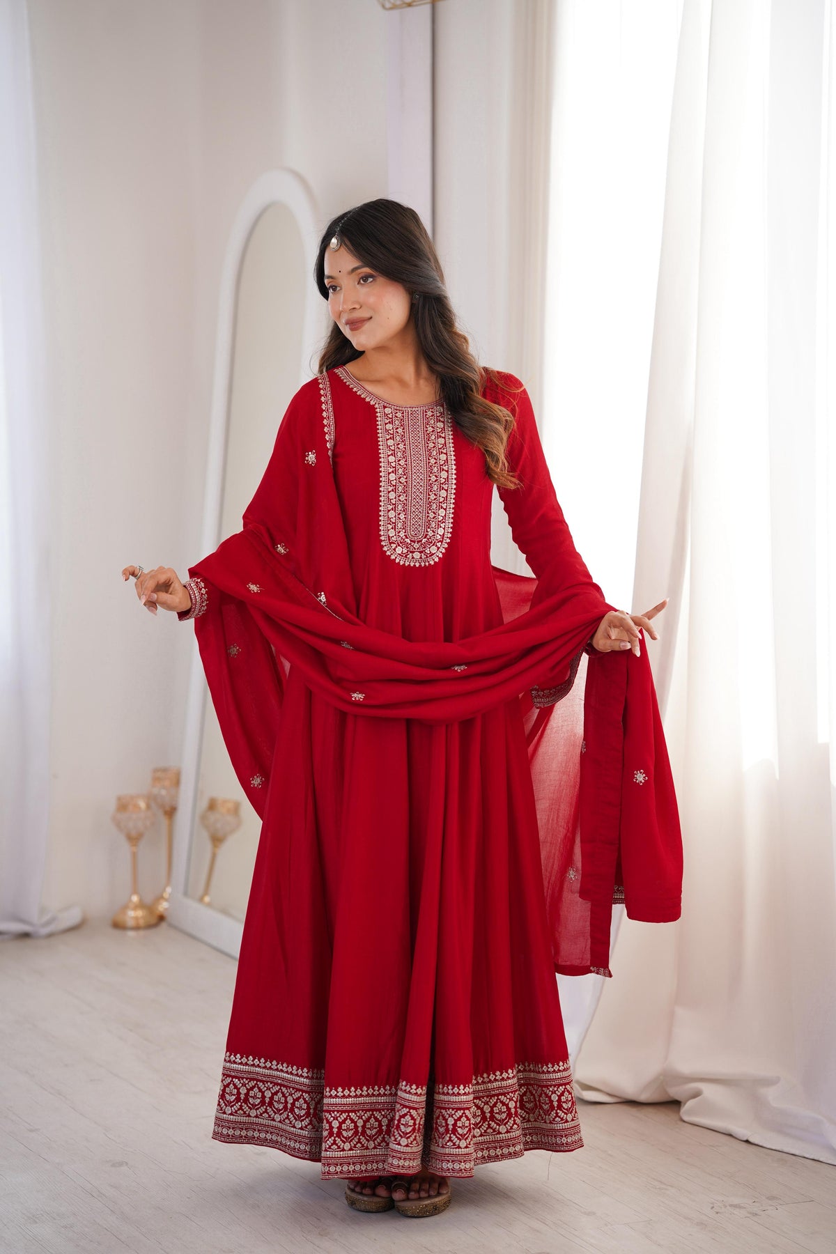 Dark Maroon Silk Embroidered Anarkali Kurta Set With Dupatta For Women