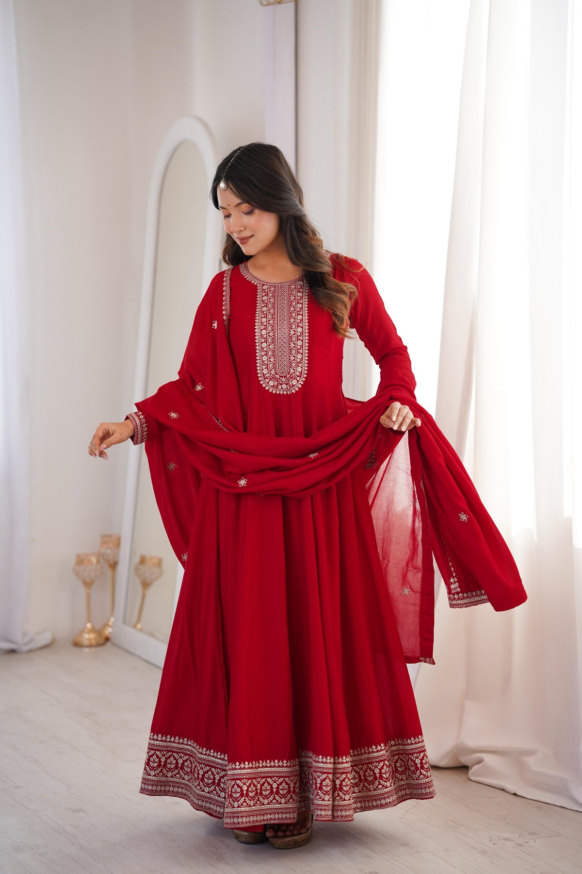 Dark Maroon Silk Embroidered Anarkali Kurta Set With Dupatta For Women