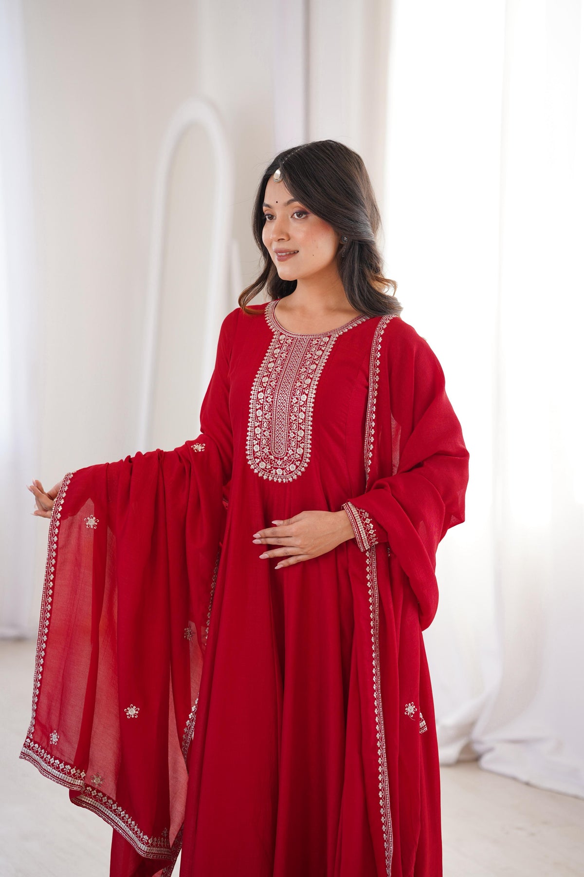 Dark Maroon Silk Embroidered Anarkali Kurta Set With Dupatta For Women