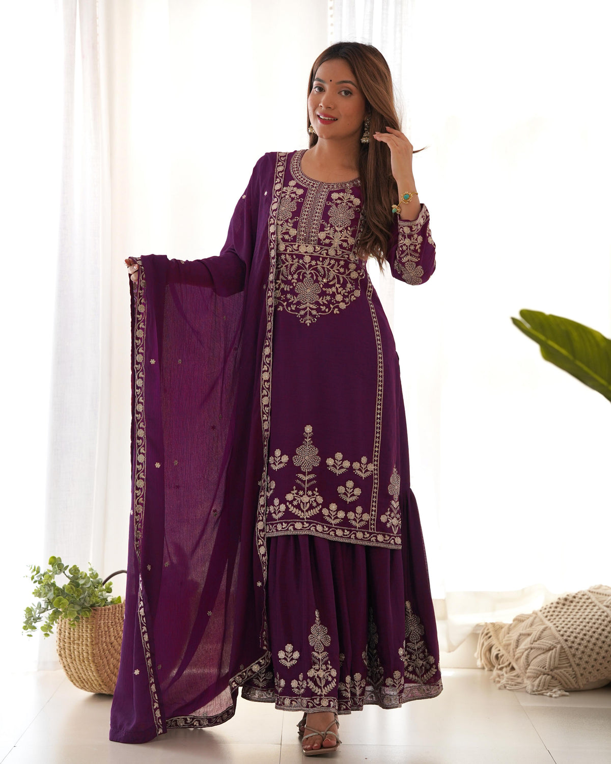 Wine Silk Embroidered Peplum Sharara Set With Dupatta For Women