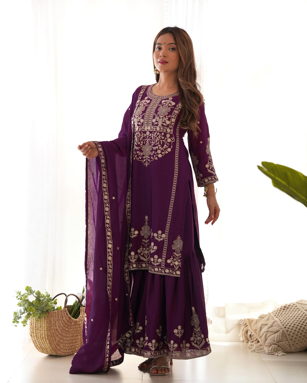 Wine Silk Embroidered Peplum Sharara Set With Dupatta For Women