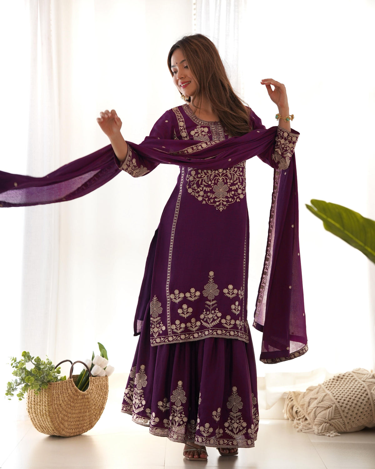 Wine Silk Embroidered Peplum Sharara Set With Dupatta For Women