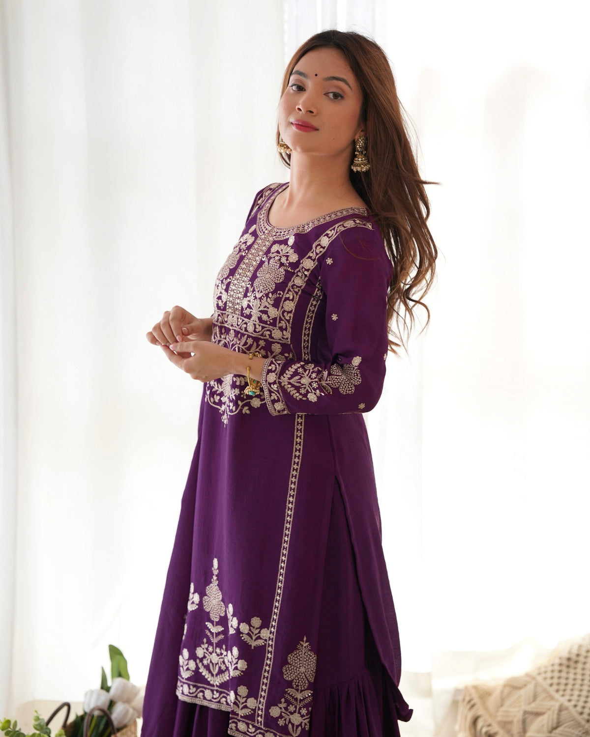 Wine Silk Embroidered Peplum Sharara Set With Dupatta For Women