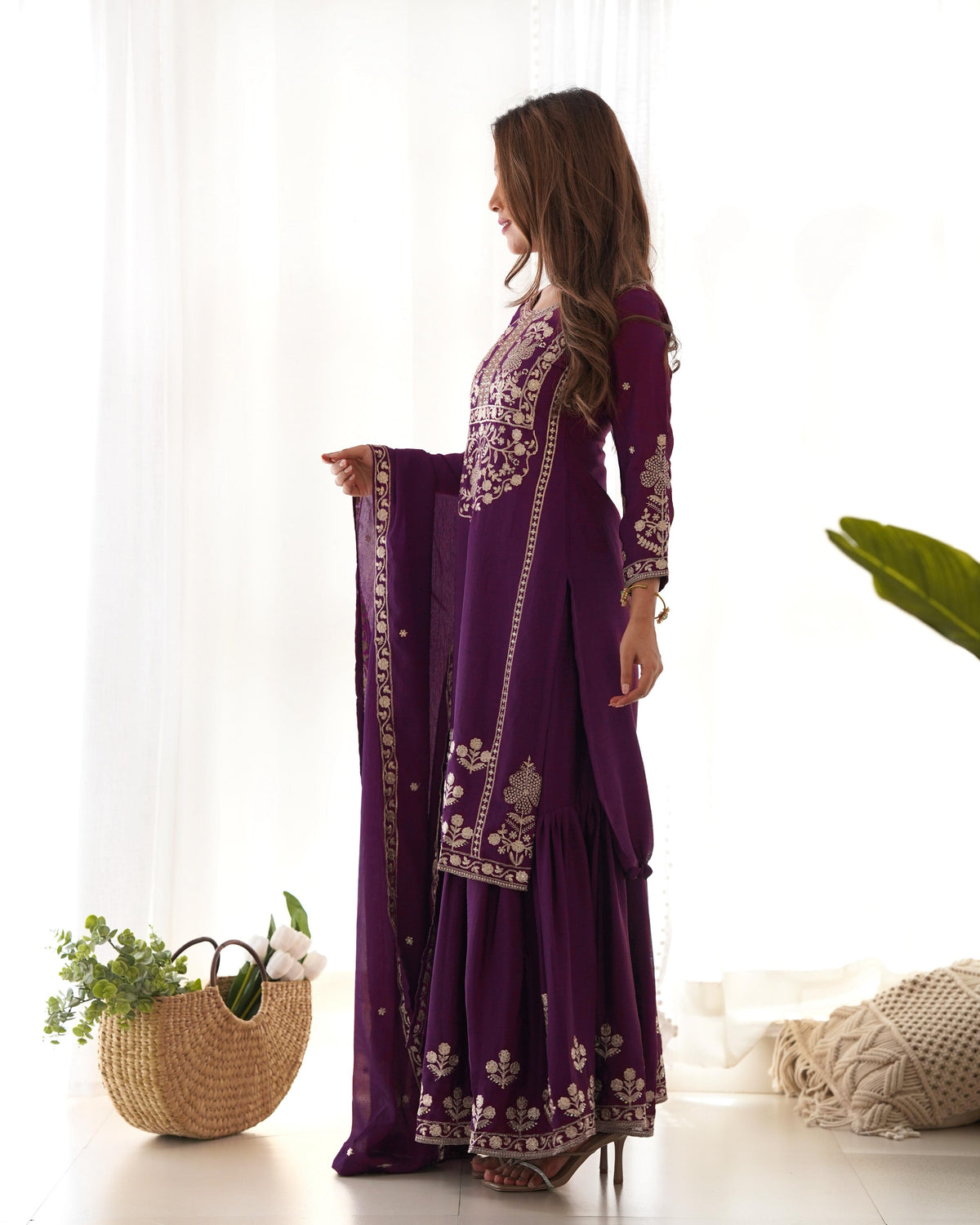 Wine Silk Embroidered Peplum Sharara Set With Dupatta For Women