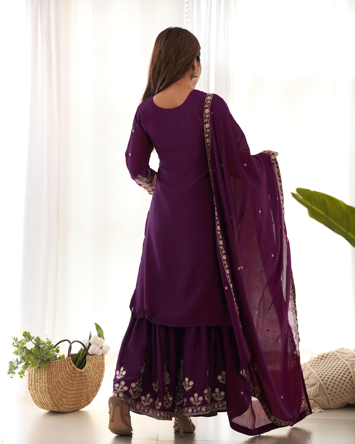 Wine Silk Embroidered Peplum Sharara Set With Dupatta For Women