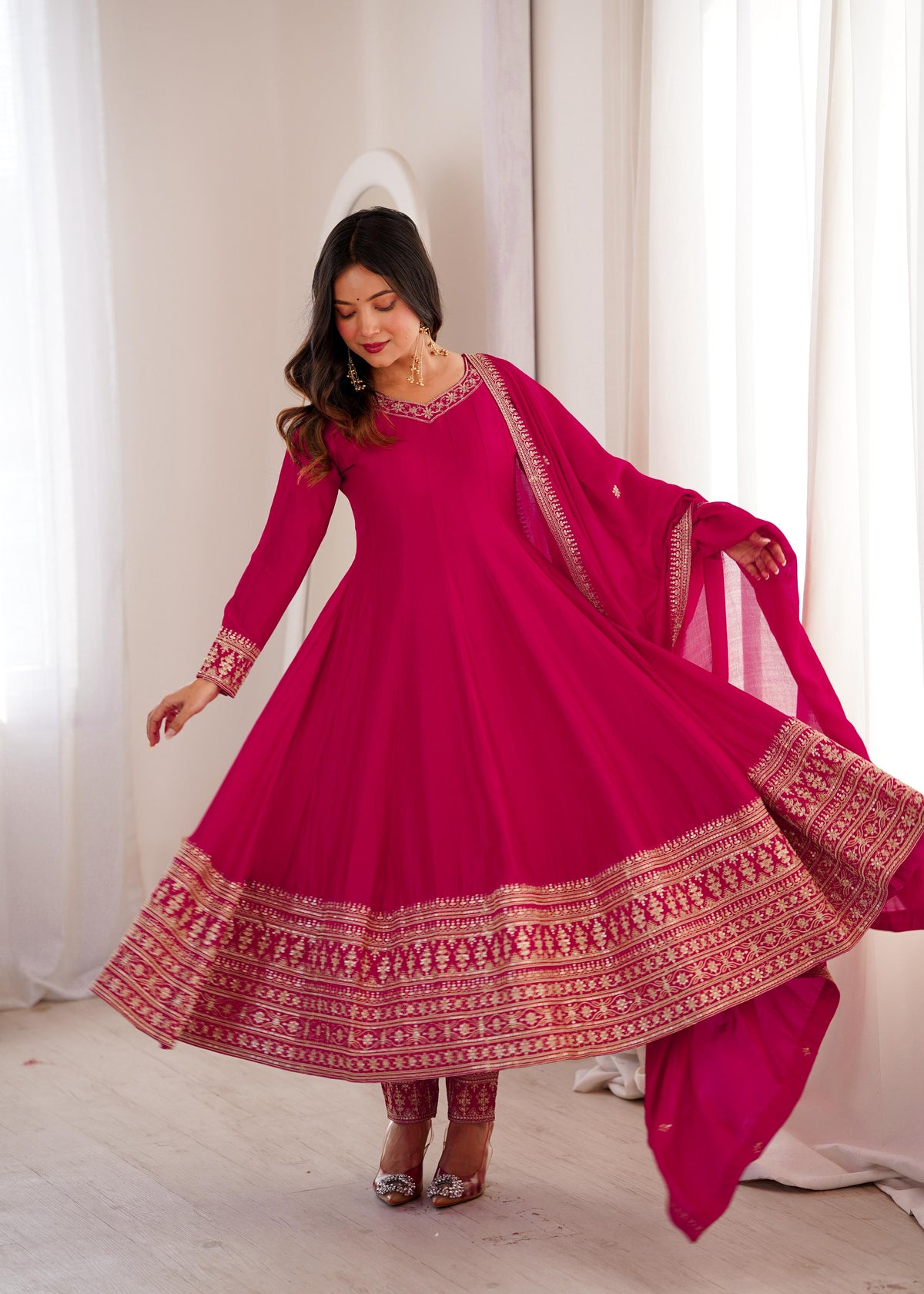 Pink Silk Embroidered Anarkali Kurta Set With Dupatta For Women