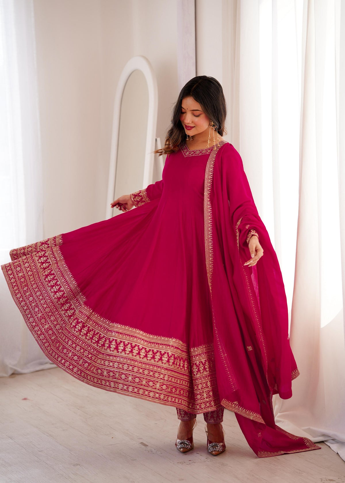 Pink Silk Embroidered Anarkali Kurta Set With Dupatta For Women