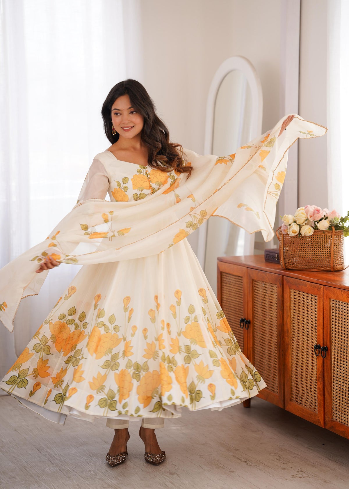 Yellow Silk Embroidered Anarkali Kurta Set With Dupatta For Women
