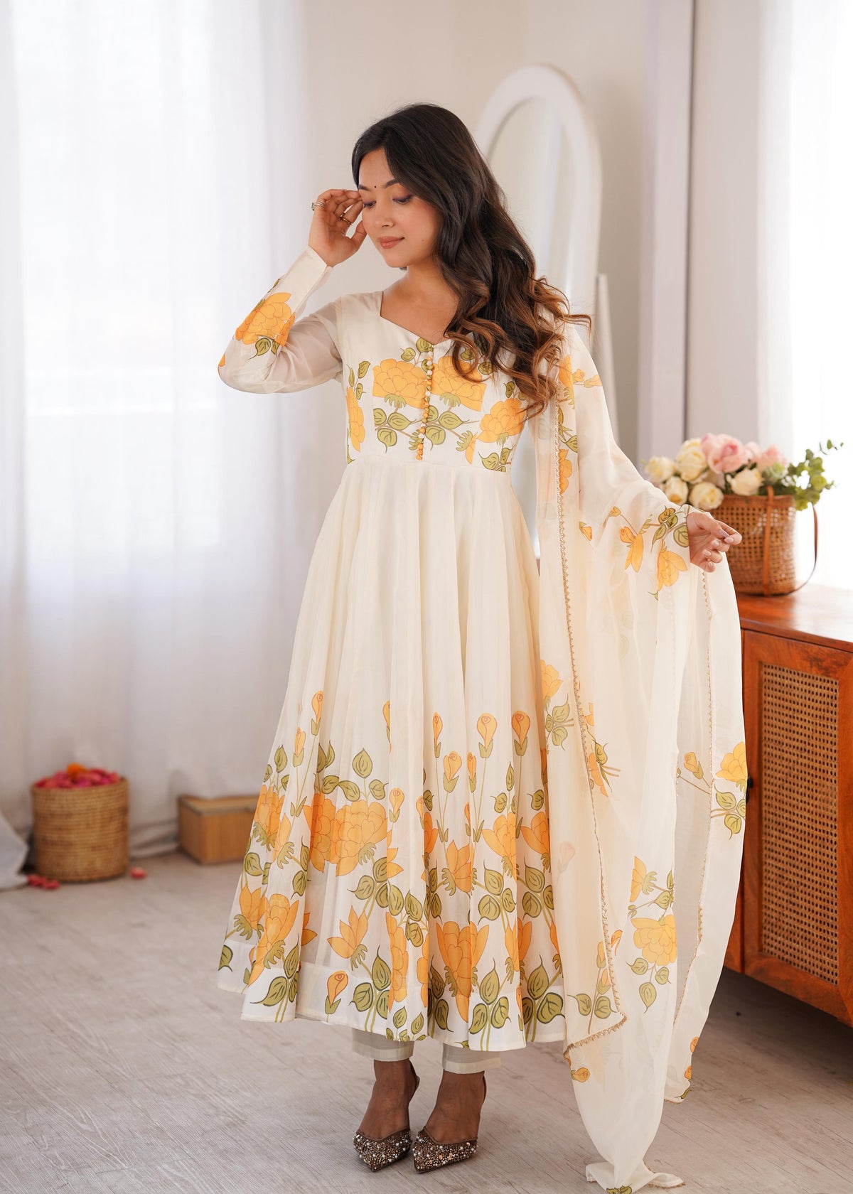 Yellow Silk Embroidered Anarkali Kurta Set With Dupatta For Women