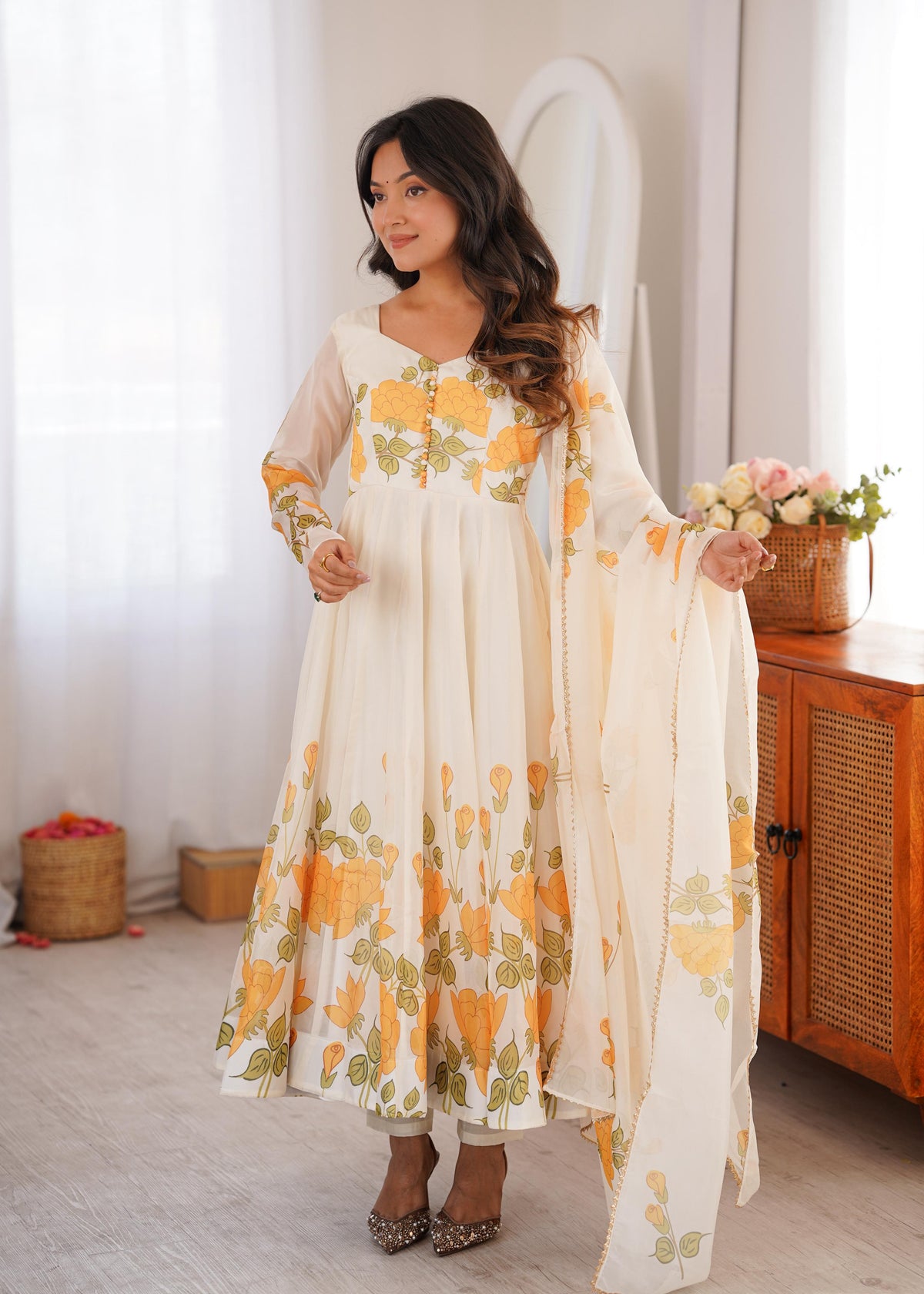 Yellow Silk Embroidered Anarkali Kurta Set With Dupatta For Women