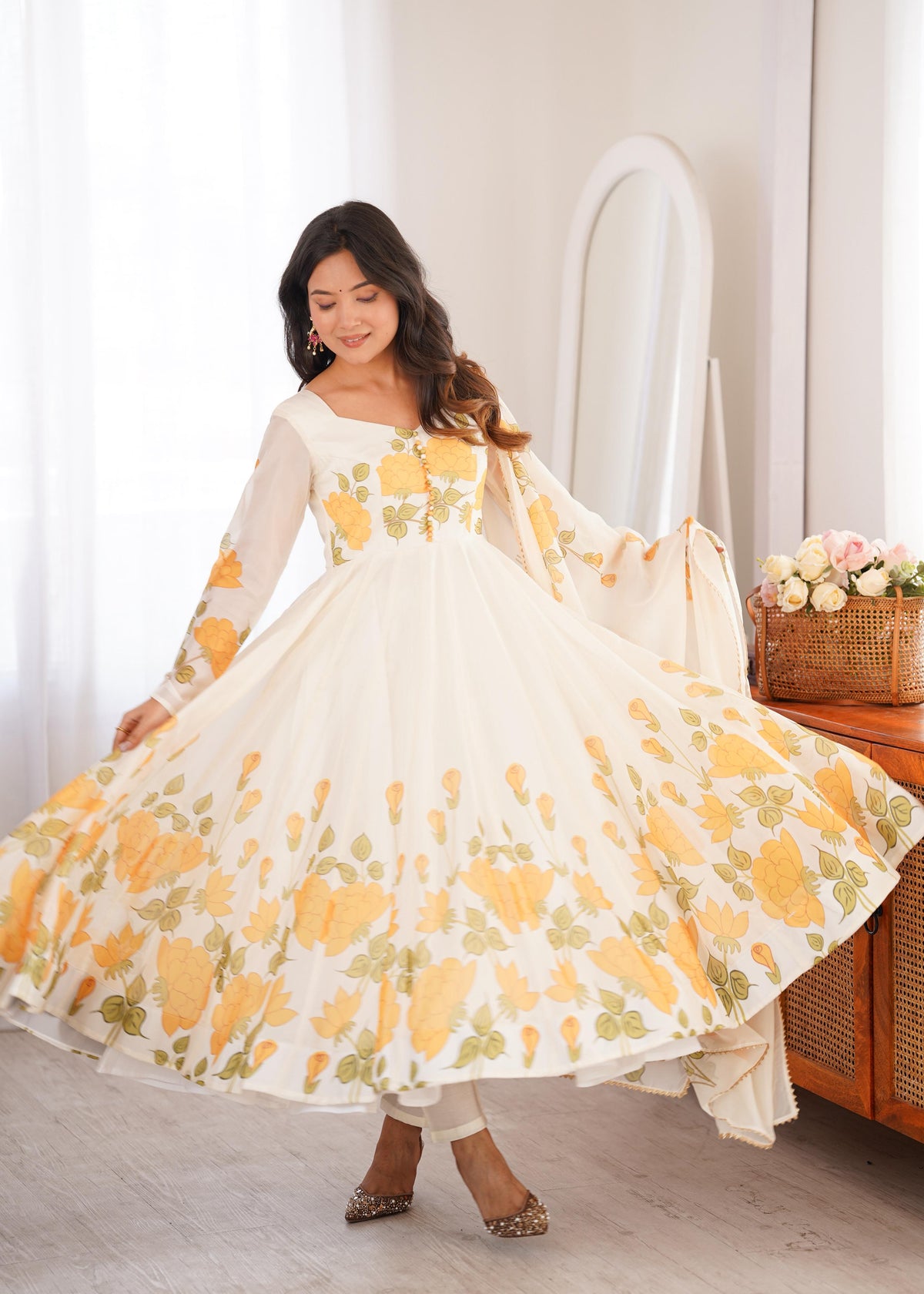Yellow Silk Embroidered Anarkali Kurta Set With Dupatta For Women