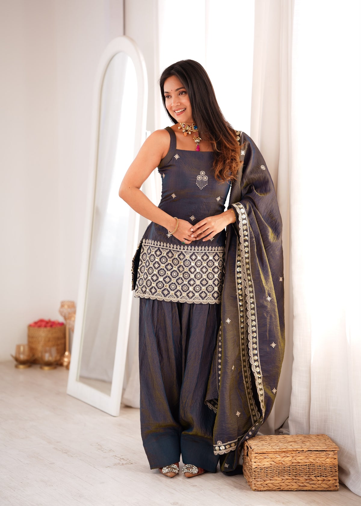 Black Silk Embroidered Peplum Sharara Set With Dupatta For Women