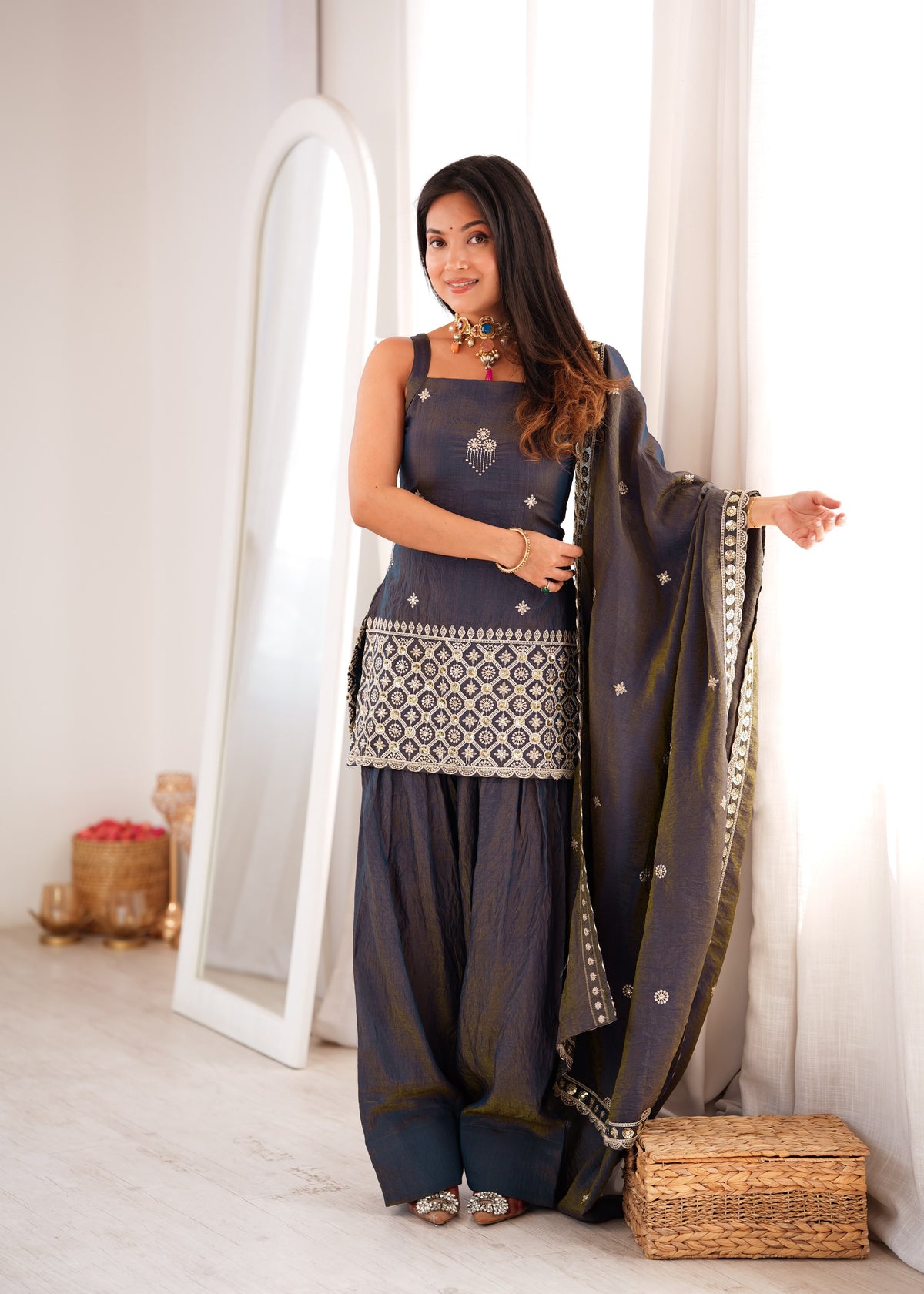Black Silk Embroidered Peplum Sharara Set With Dupatta For Women