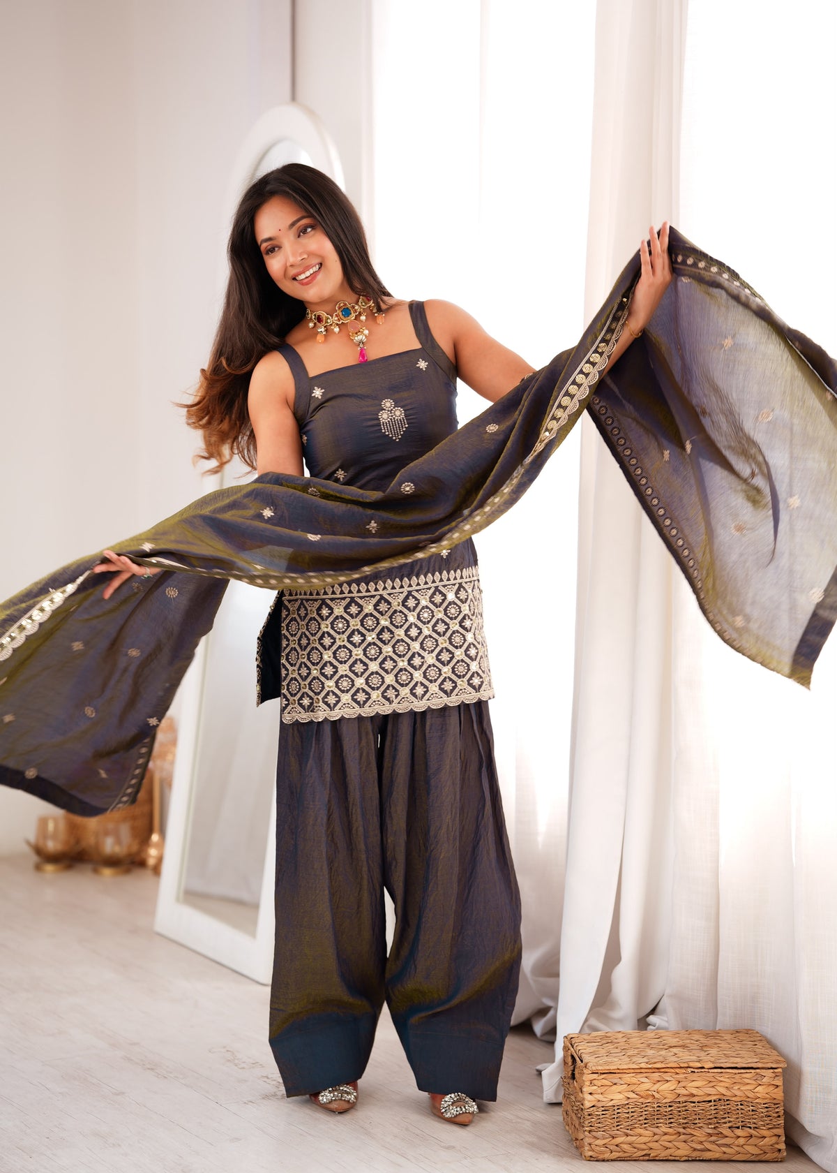 Black Silk Embroidered Peplum Sharara Set With Dupatta For Women
