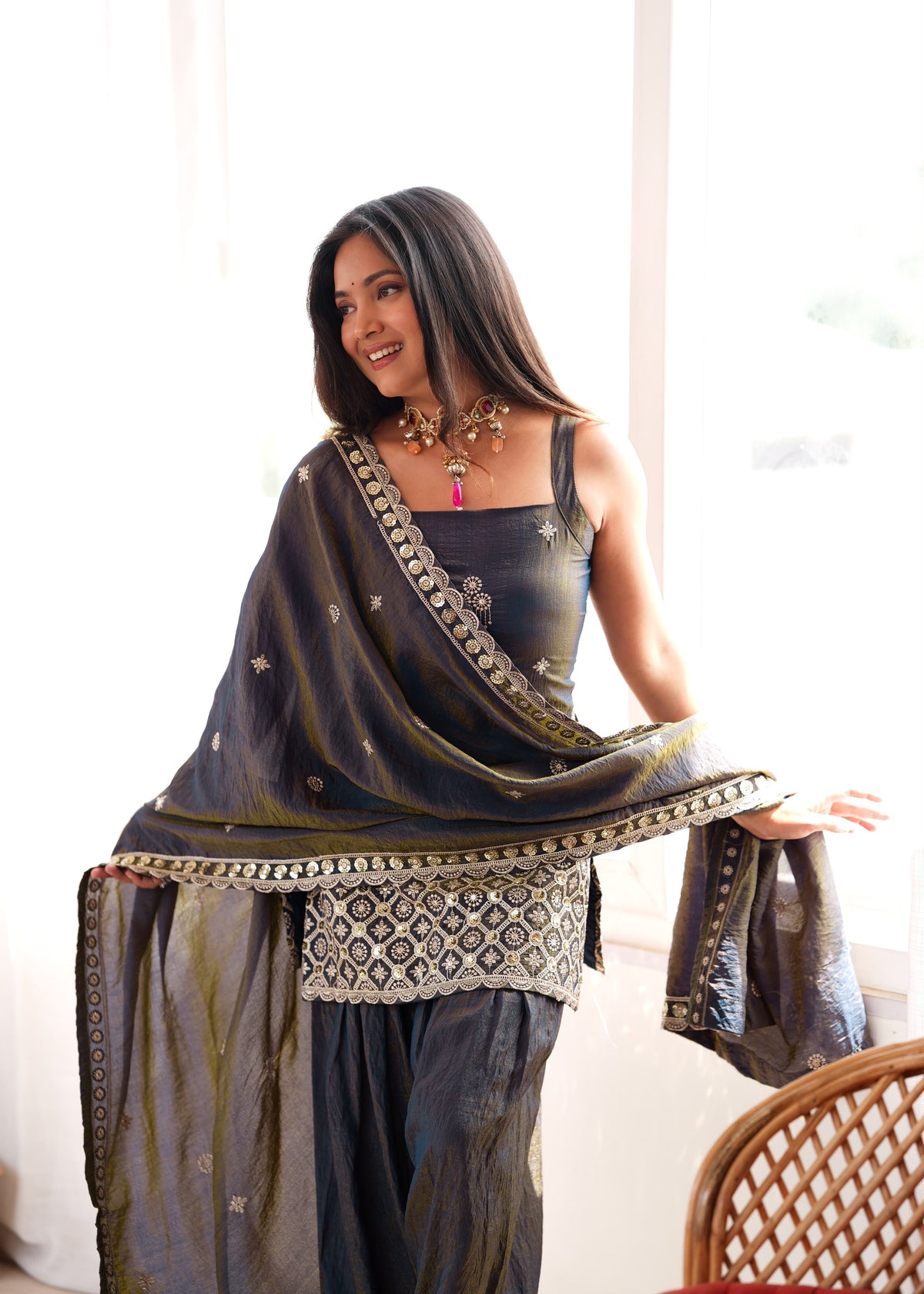 Black Silk Embroidered Peplum Sharara Set With Dupatta For Women