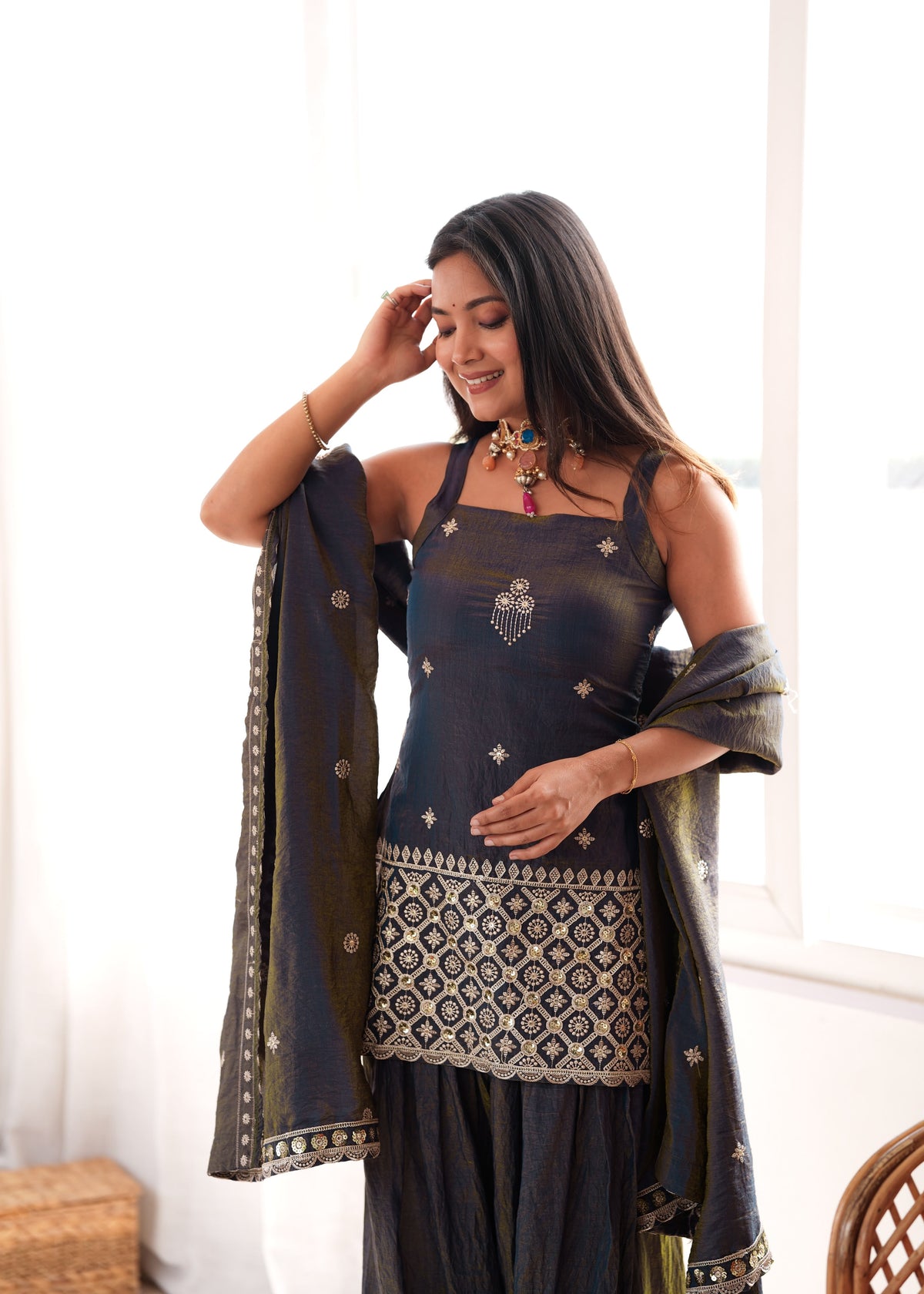 Black Silk Embroidered Peplum Sharara Set With Dupatta For Women