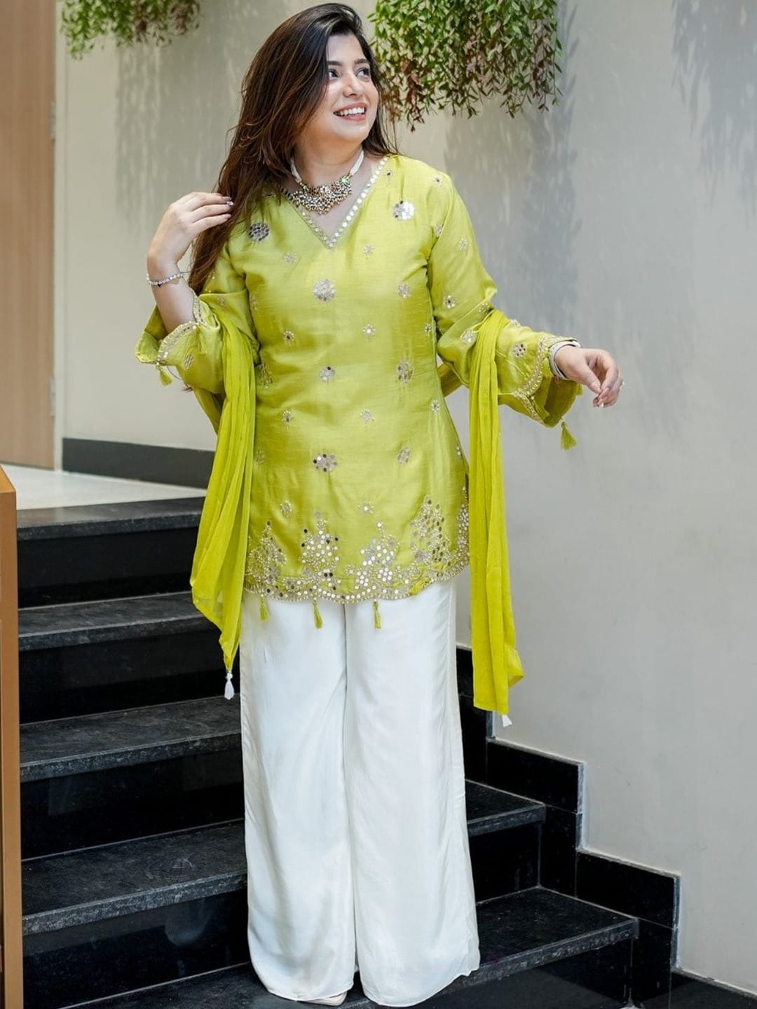 Lime Green Embroidered Festive Peplum Sharara with Dupatta