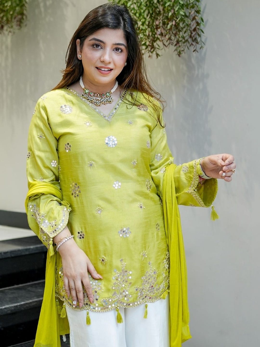 Lime Green Embroidered Festive Peplum Sharara with Dupatta